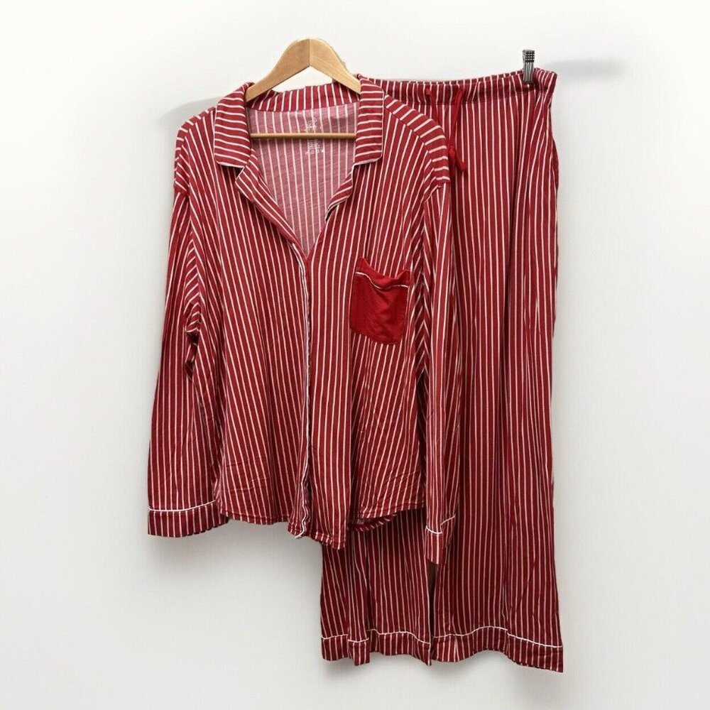 WoolX Womens Pajamas Set 1X Red White Striped Merino Wool Holiday Lightweight